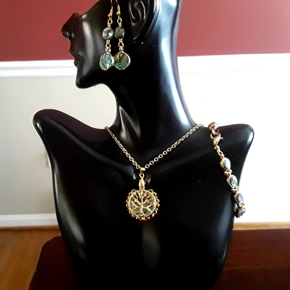 Gold plated tree pendant, vintage bracelet, earrings, with abalone, set.